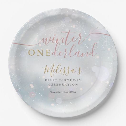 Winter Onederland 1st Birthday Pink And Gold ペーパープレート (正面)