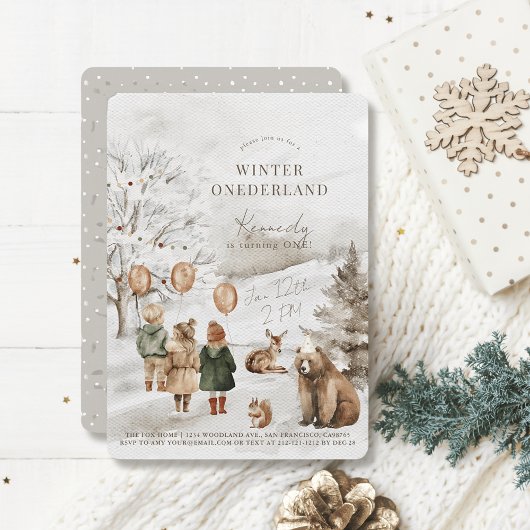 Winter Onederland Animals & Kids 1st誕生日 招待状