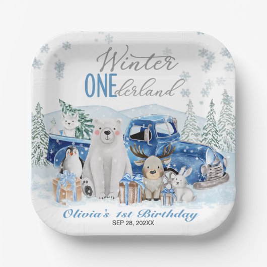 Winter Onederland Arctic Animal Boy 1st Birthday ペーパープレート (正面)