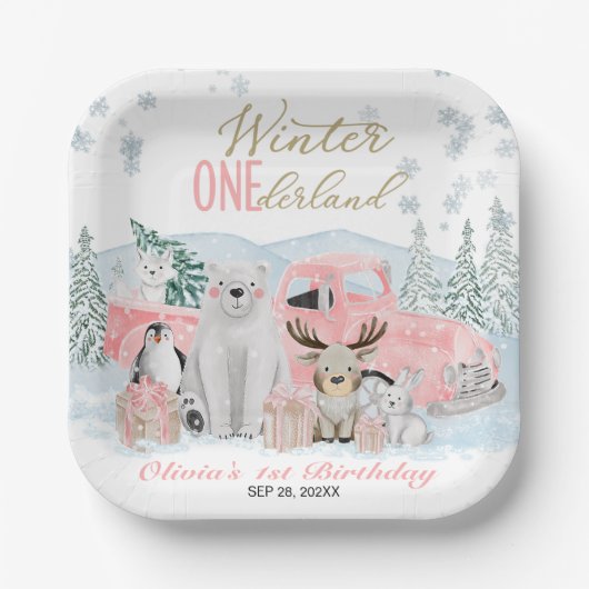 Winter Onederland Arctic Animal Girl 1st Birthday ペーパープレート (正面)