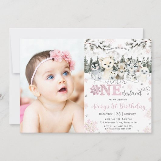 Winter Onederland Arctic Animals Snow 1st Birthday 招待状 (正面)