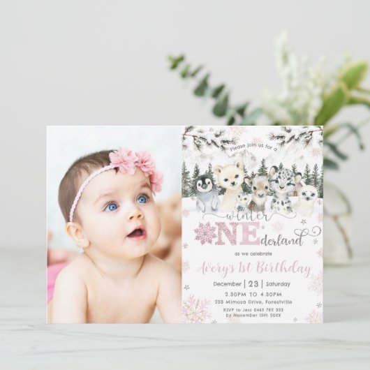 Winter Onederland Arctic Animals Snow 1st Birthday 招待状 (スタンド正面)