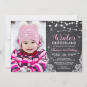 Winter ONEderland Baby Girl 1st Birthday Photo 招待状 (正面)