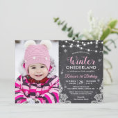 Winter ONEderland Baby Girl 1st Birthday Photo 招待状 (スタンド正面)
