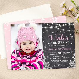 Winter ONEderland Baby Girl 1st Birthday Photo 招待状