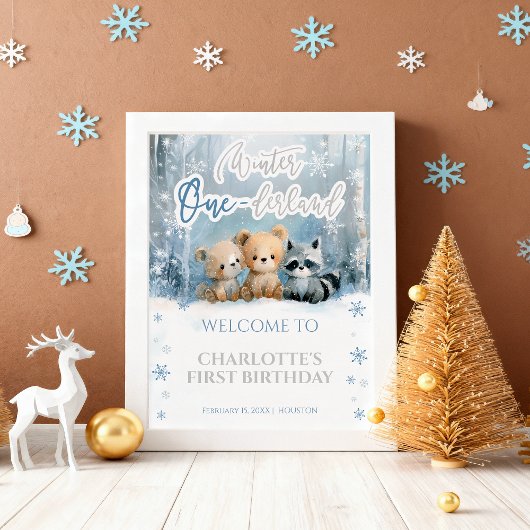 Winter Onederland Bear Blue First Welcome Sign ポスター