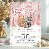 Winter Onederland Bear Pink First Birthday 招待状
