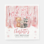 Winter Onederland Bear Pink First Birthday Party スタンダードランチョンナプキン (正面)