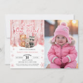 Winter Onederland Bear Pink First Birthday Photo 招待状 (正面)