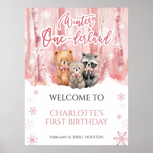 Winter Onederland Bear Pink First Welcome Sign ポスター (正面)