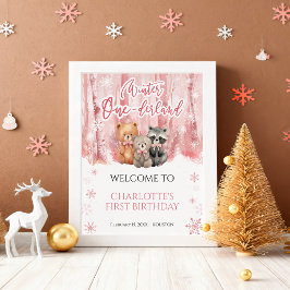 Winter Onederland Bear Pink First Welcome Sign ポスター