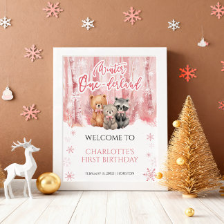 Winter Onederland Bear Pink First Welcome Sign ポスター