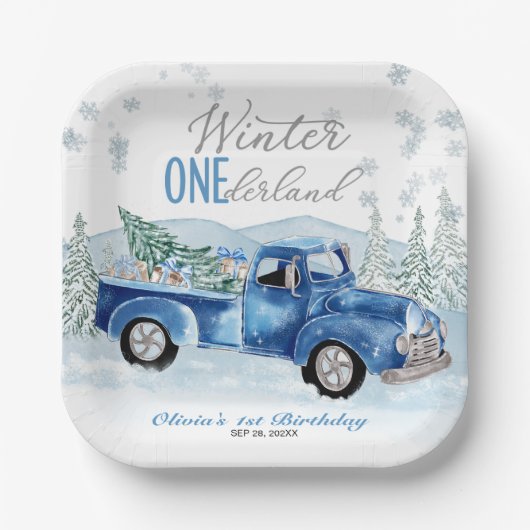 Winter Onederland Blue Truck First Birthday ペーパープレート (正面)