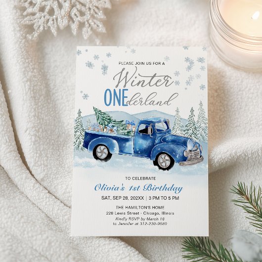 Winter Onederland Blue Truck First Birthday 招待状