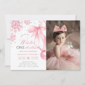 Winter Onederland Bow Snowflake Birthday Photo 招待状 (正面)