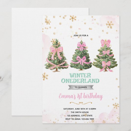 Winter Onederland bow tree invitation 招待状 (正面/裏面)