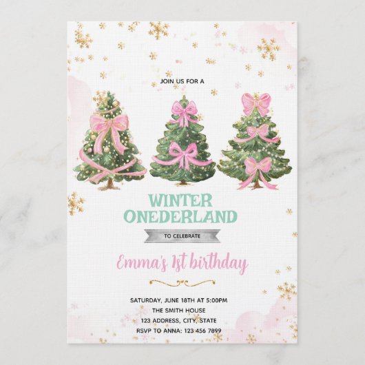 Winter Onederland bow tree invitation 招待状 (正面)