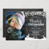 Winter Onederland Boy 1st Birthday写真 招待状 (正面/裏面)