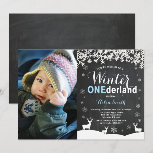 Winter Onederland Boy 1st Birthday写真 招待状 (正面/裏面)