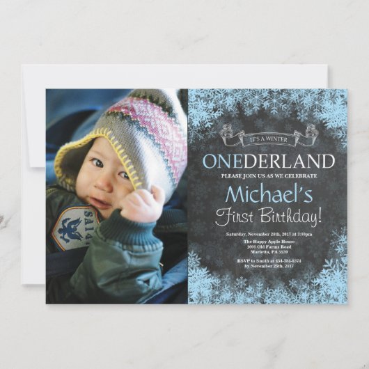 Winter Onederland Boy 1st Birthday写真 招待状 (正面)