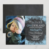 Winter Onederland Boy 1st Birthday写真 招待状 (正面/裏面)