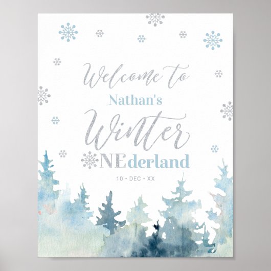 Winter Onederland Boy 1st Birthday Welcome Sign ポスター (正面)