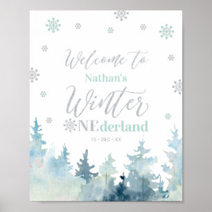 Winter Onederland Boy 1st Birthday Welcome Sign ポスター