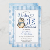 Winter Onederland Boy Penguin Birthday Snowflakes 招待状 (正面/裏面)
