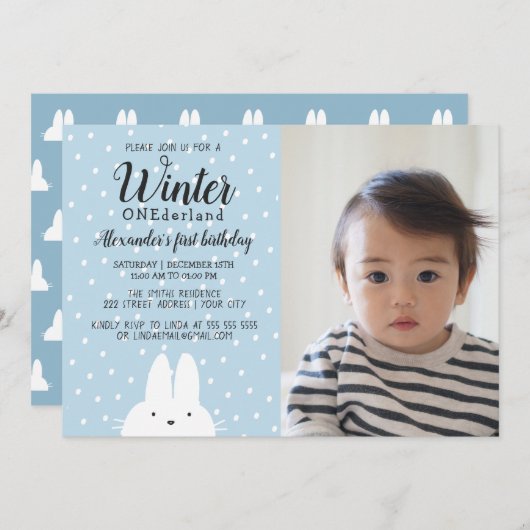 Winter ONEderland Boy Photo 1st Birthday Blue 招待状 (正面/裏面)