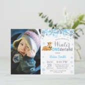 Winter Onederland Deer Boy 1st Birthday写真 招待状 (スタンド正面)
