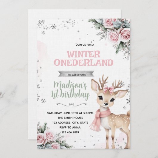 Winter Onederland deer invitation 招待状 (正面/裏面)