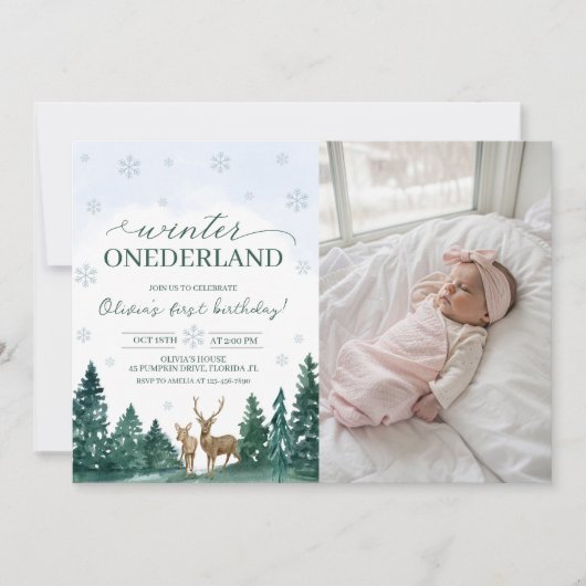 Winter ONEderland Deer Photo Invite 招待状 (正面)