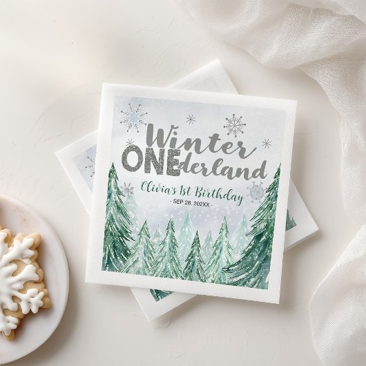 Winter Onederland First Birthday Snowflakes Forest スタンダードカクテルナプキン