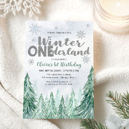 Winter Onederland First Birthday Snowflakes Forest 招待状