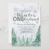 Winter Onederland First Birthday Snowflakes Forest 招待状 (正面)