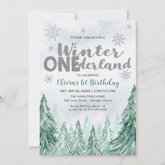 Winter Onederland First Birthday Snowflakes Forest 招待状 (正面)