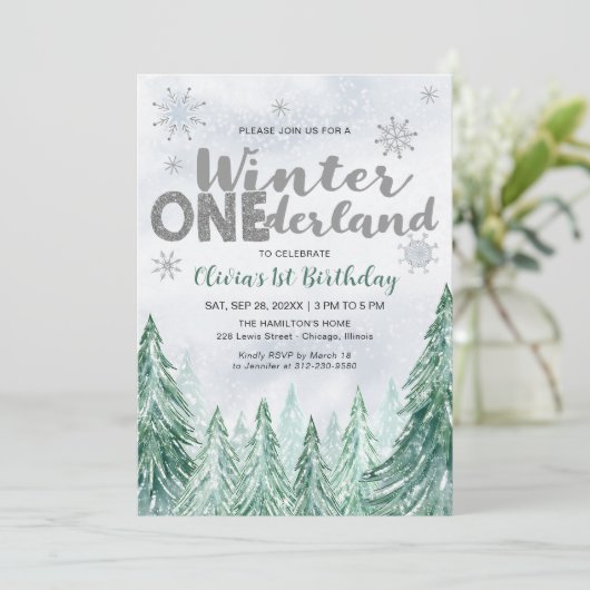 Winter Onederland First Birthday Snowflakes Forest 招待状 (スタンド正面)