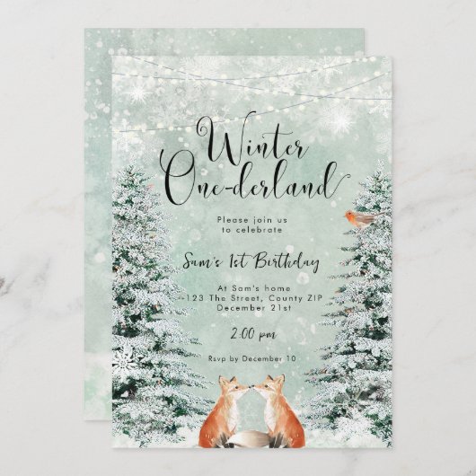 winter onederland foxes誕生日パーティーへの招待 招待状 (正面/裏面)