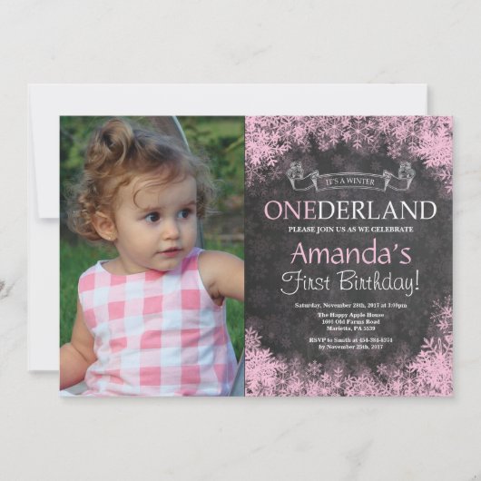 Winter Onederland Girl 1st Birthday写真 招待状 (正面)
