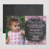 Winter Onederland Girl 1st Birthday写真 招待状 (正面/裏面)