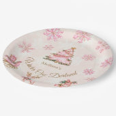 Winter Onederland Girl 1st Birthday Pink Snowflake ペーパープレート (アングル)