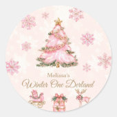 Winter Onederland Girl 1st birthday Pink Snowflake ラウンドシール (正面)