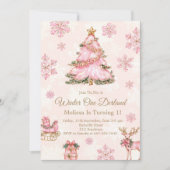 Winter Onederland Girl 1st Birthday Pink Snowflake 招待状 (正面)