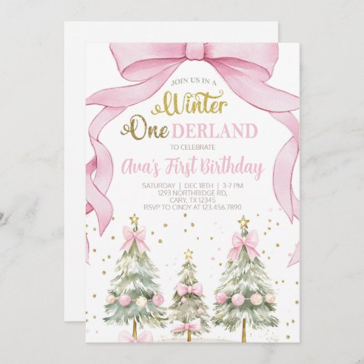 Winter ONEderland girl Christmas birthday invite. 招待状 (正面/裏面)
