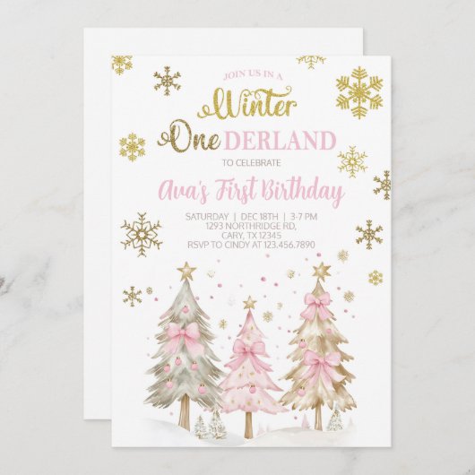 Winter ONEderland girl Christmas birthday invite. 招待状 (正面/裏面)