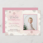 Winter Onederland Girl Photo First Birthday 招待状 (正面/裏面)