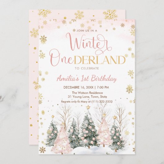 Winter Onederland Gold Snowflakes 1st Birthday 招待状 (正面/裏面)