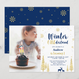 Winter Onederland, Navy Boy金ゴールド1st Birthday 招待状