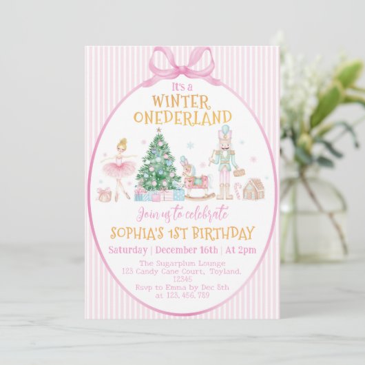 Winter Onederland Nutcracker Pink Bow Birthday 招待状 (スタンド正面)