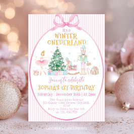 Winter Onederland Nutcracker Pink Bow Birthday 招待状